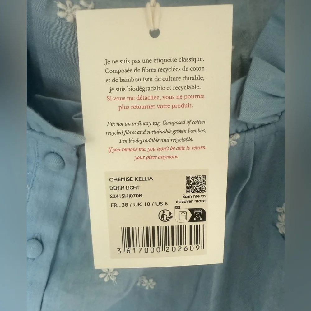 Sezane Kellia Blouse in Denim size 6 NWT 100% cotton - Picture 4 of 16
